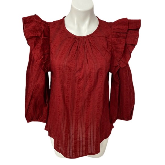 Lot of 2 Womens Tops Small Floral V Neck Poof Sleeve Ruffle Round Purple Red - Picture 2 of 12